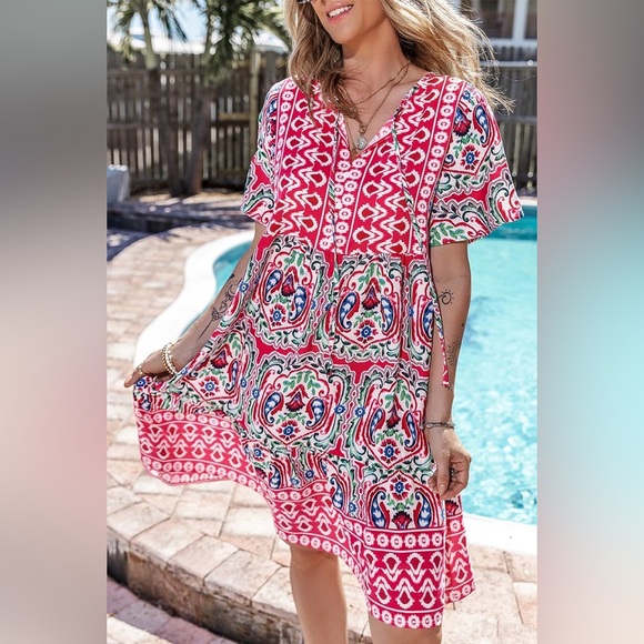 Mosul Mosaic: Pink Bohemian Print Tie Neck Ruffle Hem Dress Size Large Midi - Picture 2 of 8